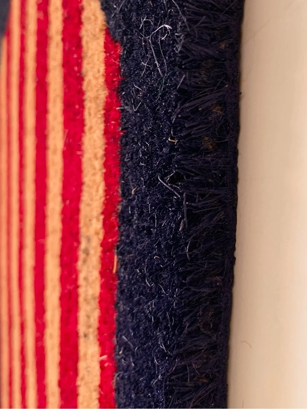 Outdoor doormat red stripe navy trim